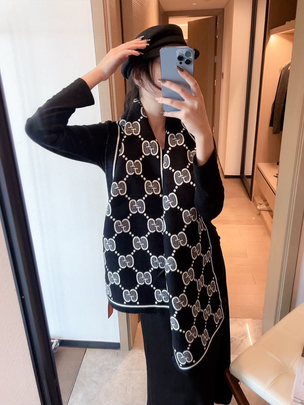 Gucci Woven Geometric Motif Fringe Scarf product image 8, provided for visual reference and product detail review