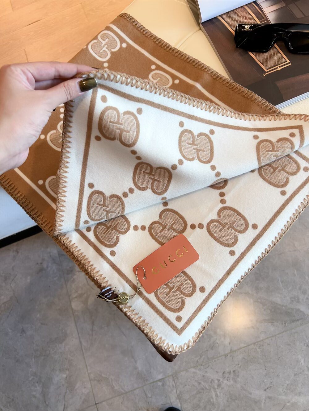 Gucci Woven Geometric Motif Fringe Scarf product image 4, provided for visual reference and product detail review