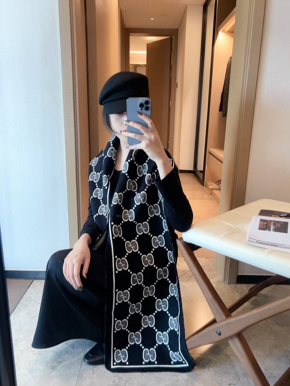 Gucci Woven Geometric Motif Fringe Scarf product image 1, provided for visual reference and product detail review