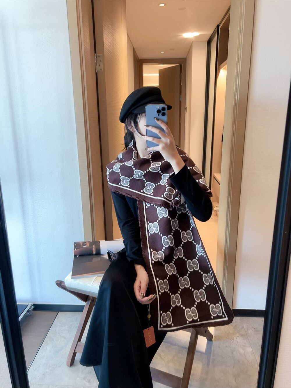 Gucci Woven Geometric Motif Fringe Scarf product image 6, provided for visual reference and product detail review