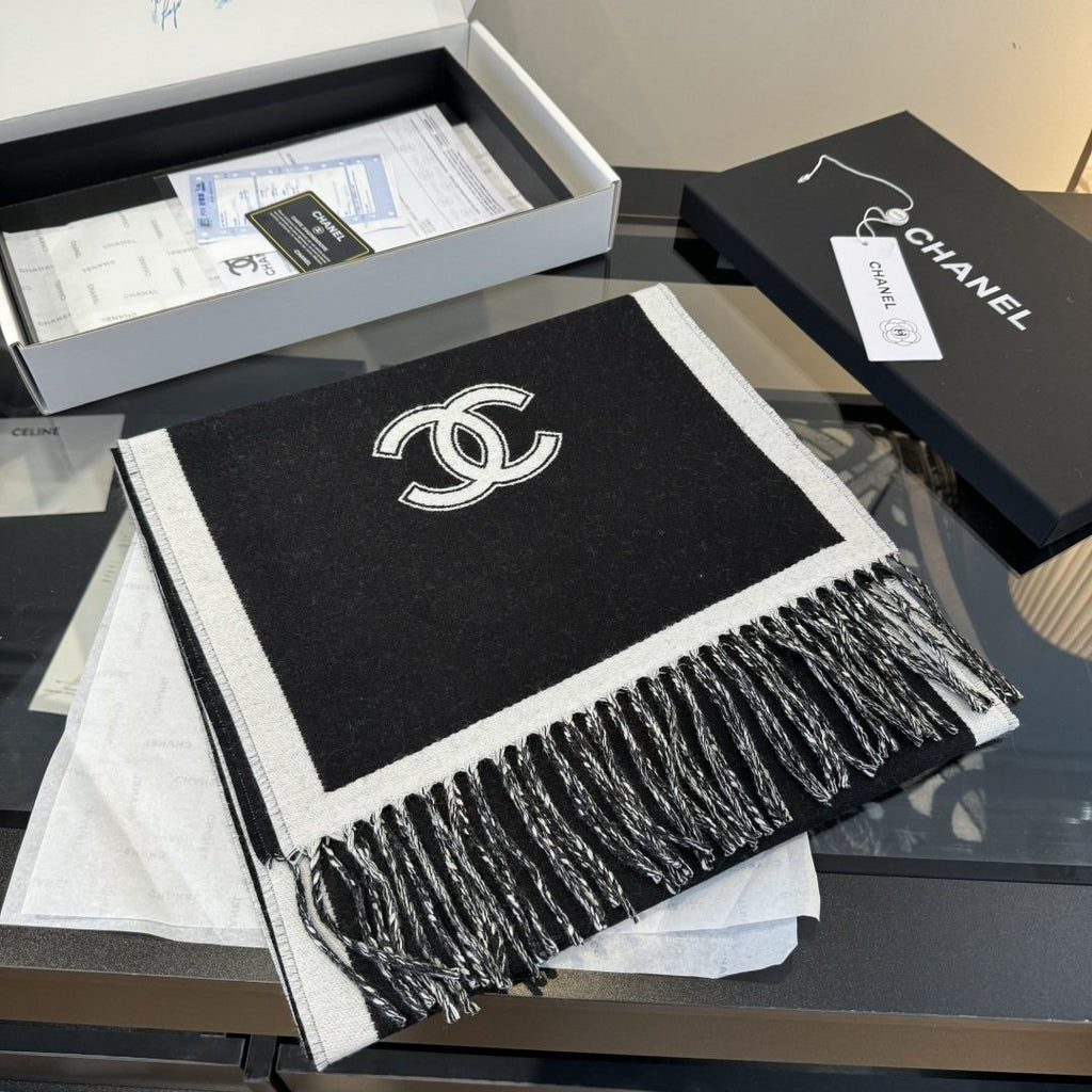 Chanel Contrast-Border Two-Tone Fringed Scarf product image 8, provided for visual reference and product detail review