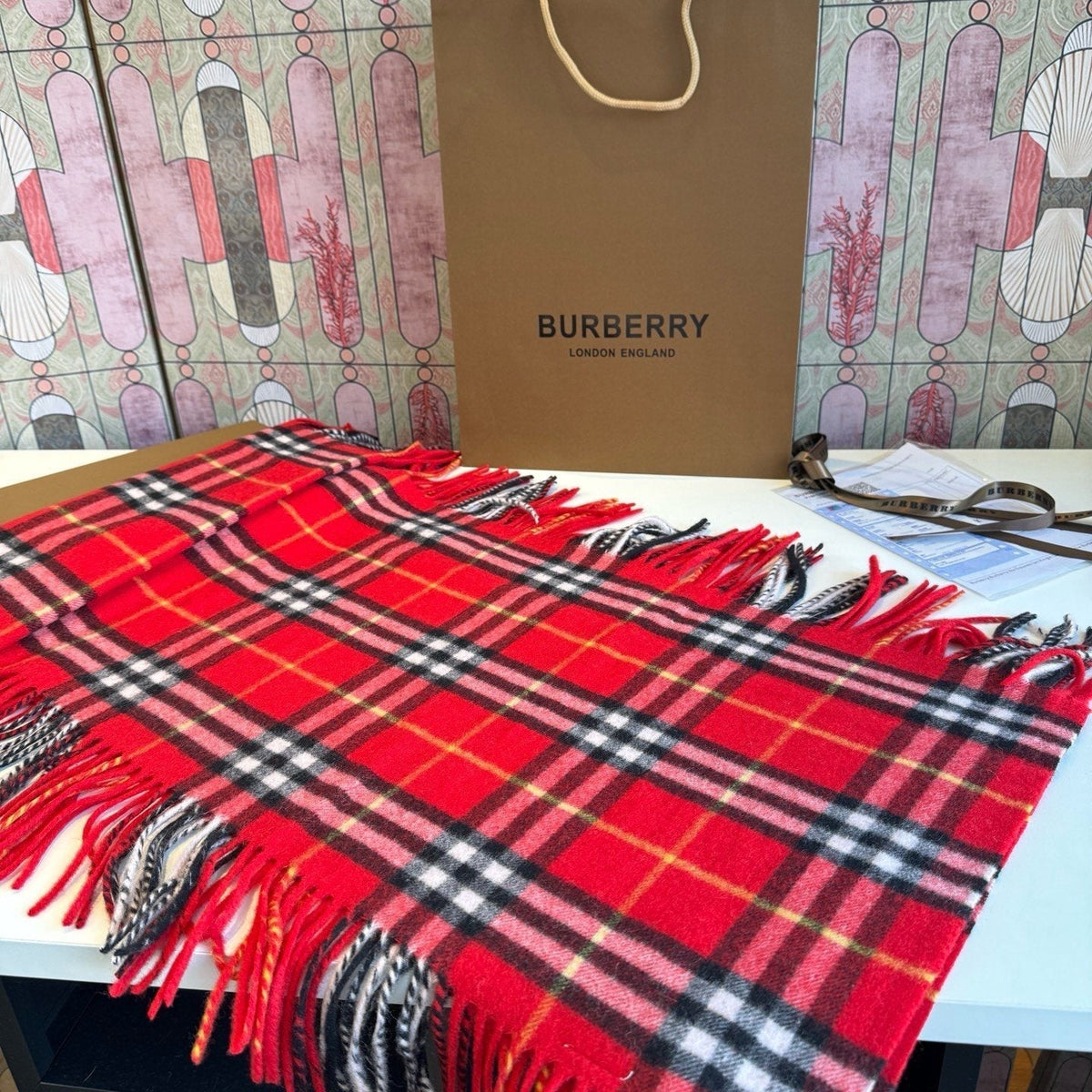 Burberry Long Plaid Fringed Scarf - 155 x 30 cm product image 1, provided for visual reference and product detail review