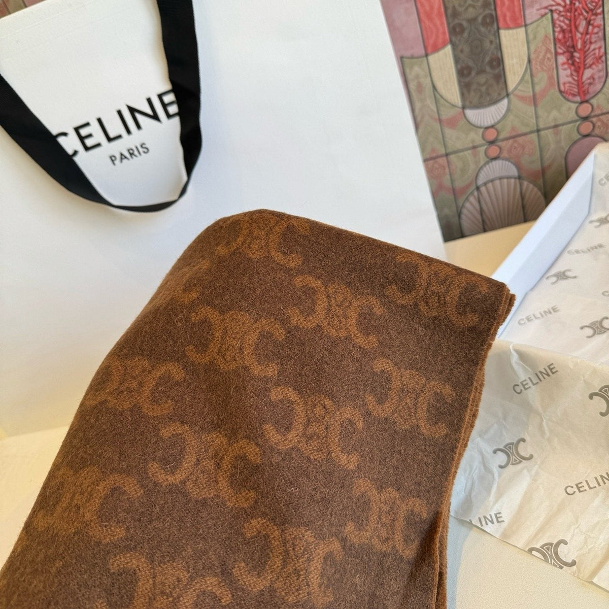 Celine Brown Monogram Fringed Scarf product image 7, provided for visual reference and product detail review