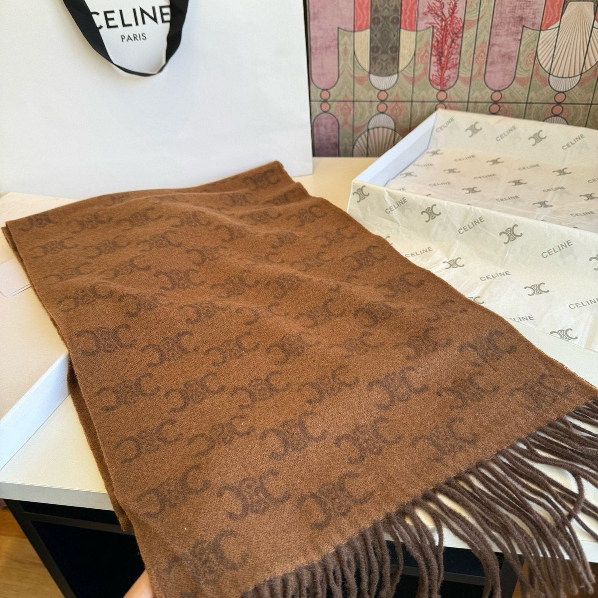 Celine Brown Patterned Fringed Scarf product image 5, provided for visual reference and product detail review