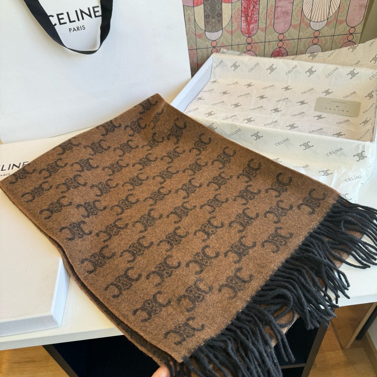Celine Brown Patterned Fringed Scarf product image 12, provided for visual reference and product detail review