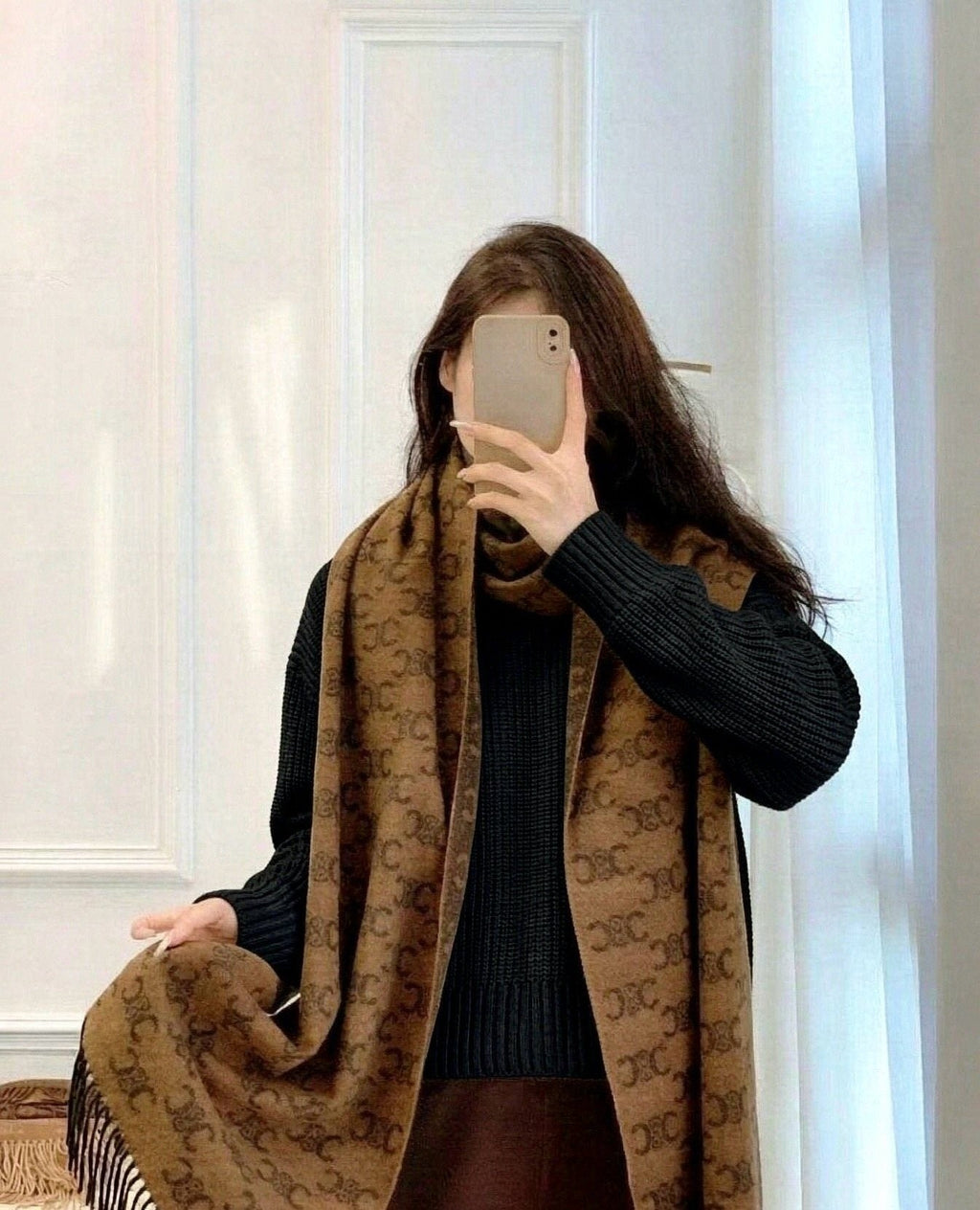 Celine Brown Patterned Fringed Scarf product image 2, provided for visual reference and product detail review