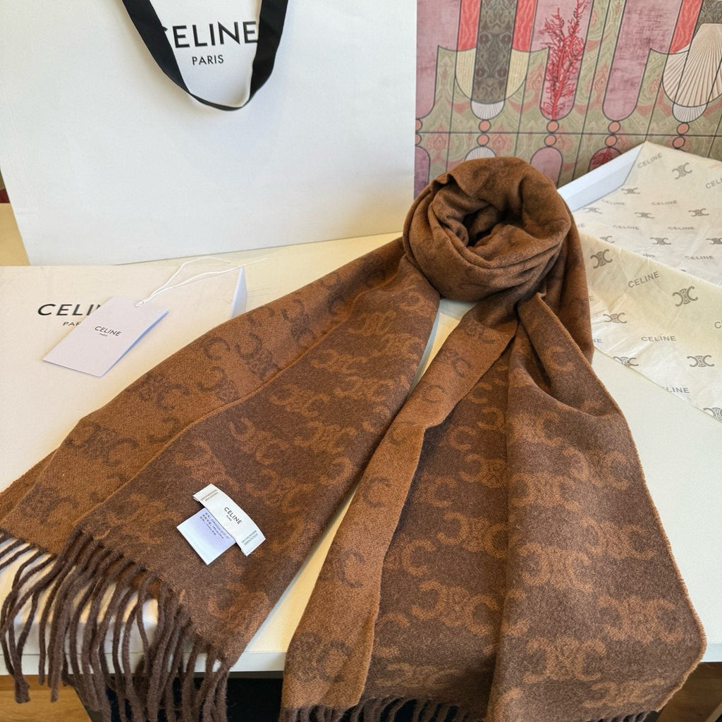 Celine Brown Patterned Fringed Scarf product image 6, provided for visual reference and product detail review