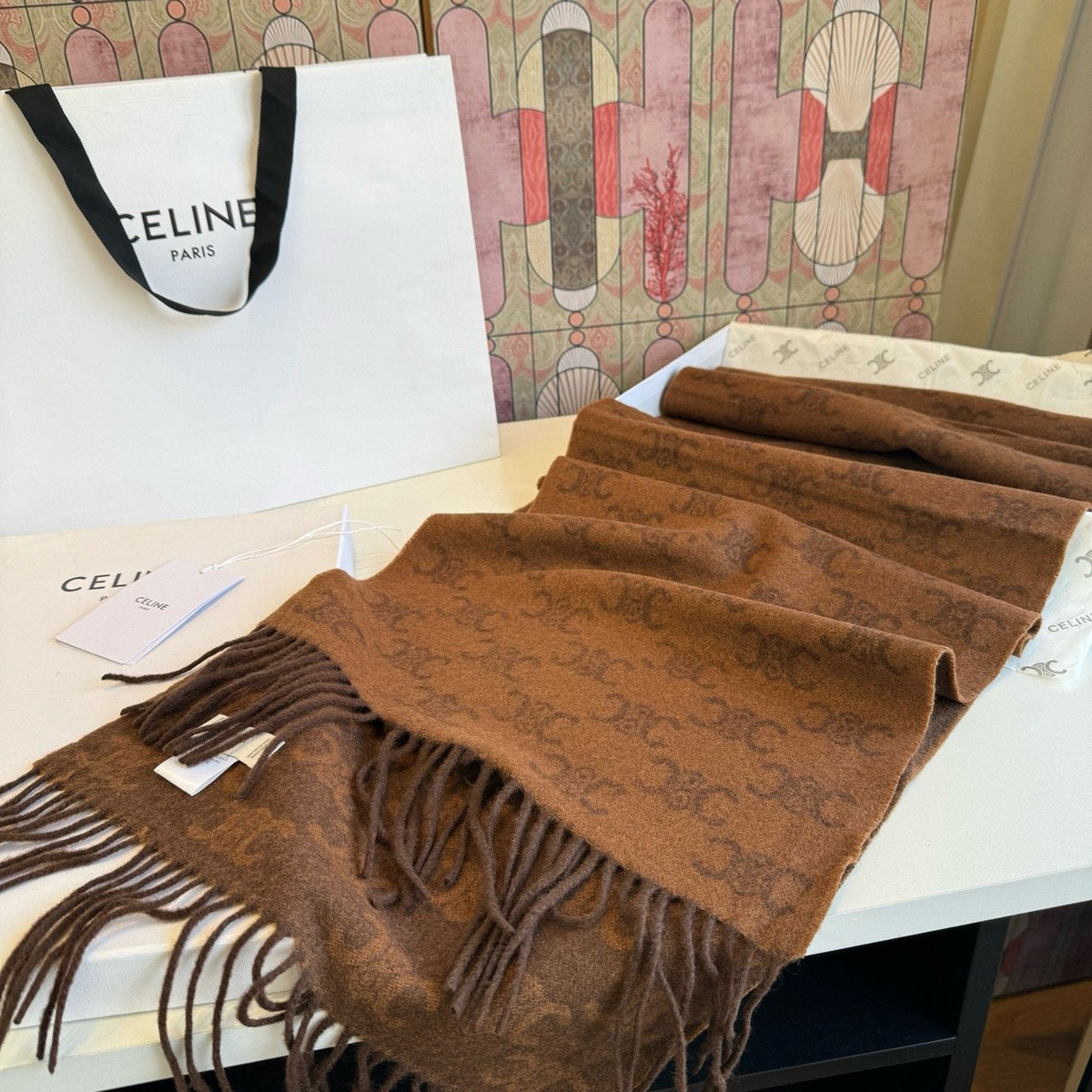Celine Brown Patterned Fringed Scarf product image 11, provided for visual reference and product detail review