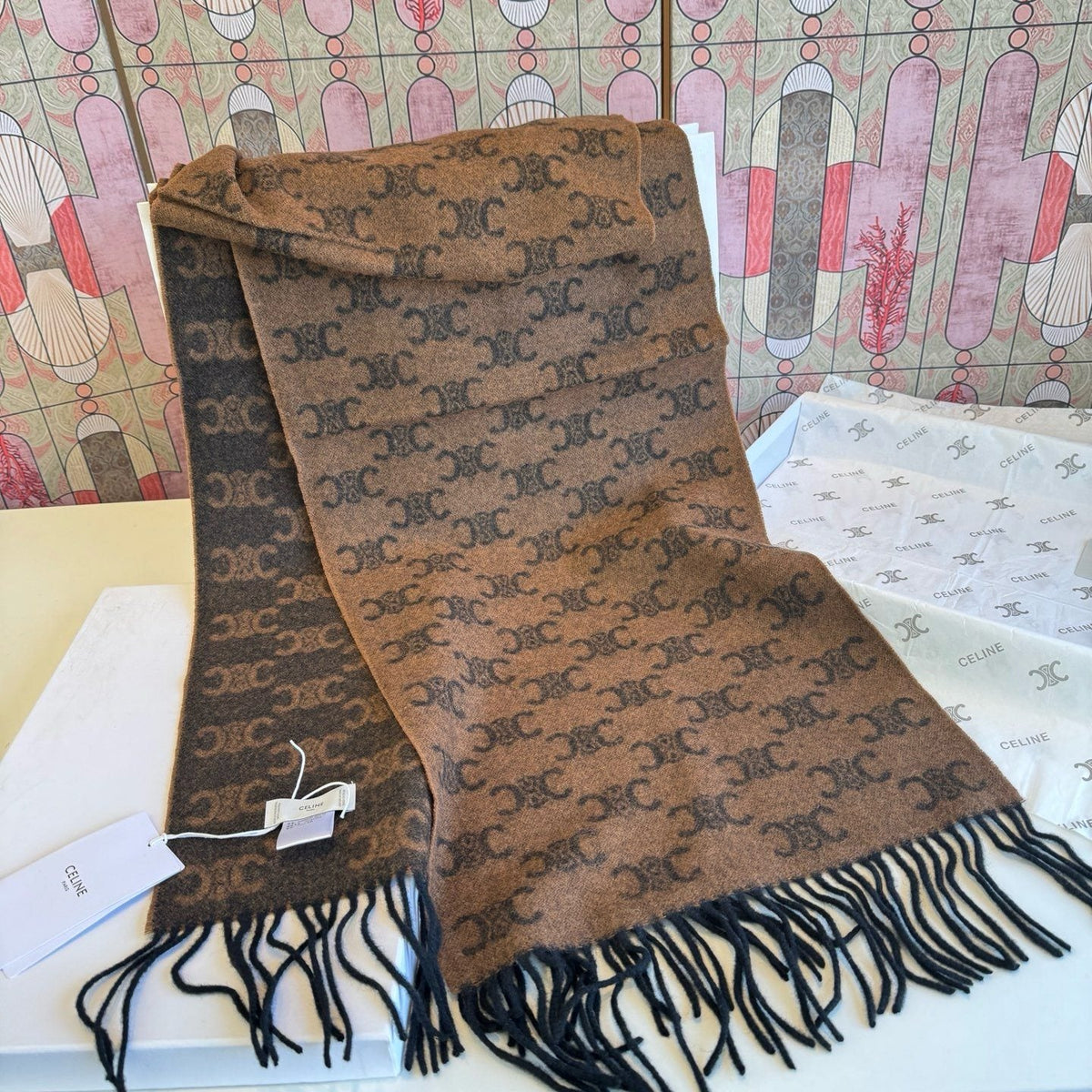 Celine Brown Patterned Fringed Scarf product image 9, provided for visual reference and product detail review