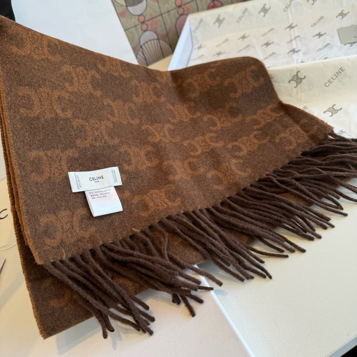 Celine Brown Monogram Fringed Scarf product image 5, provided for visual reference and product detail review