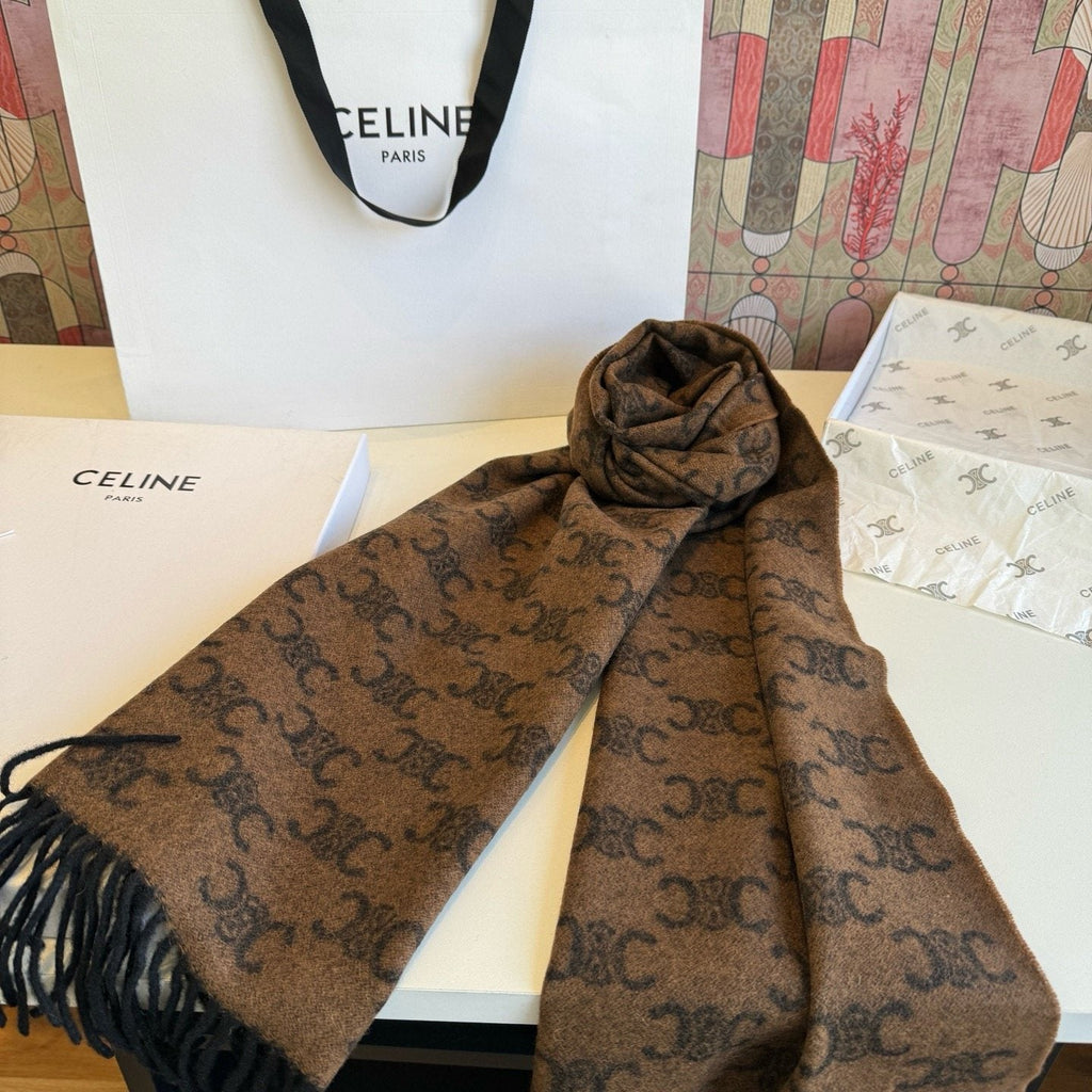 Celine Brown Patterned Fringed Scarf product image 8, provided for visual reference and product detail review