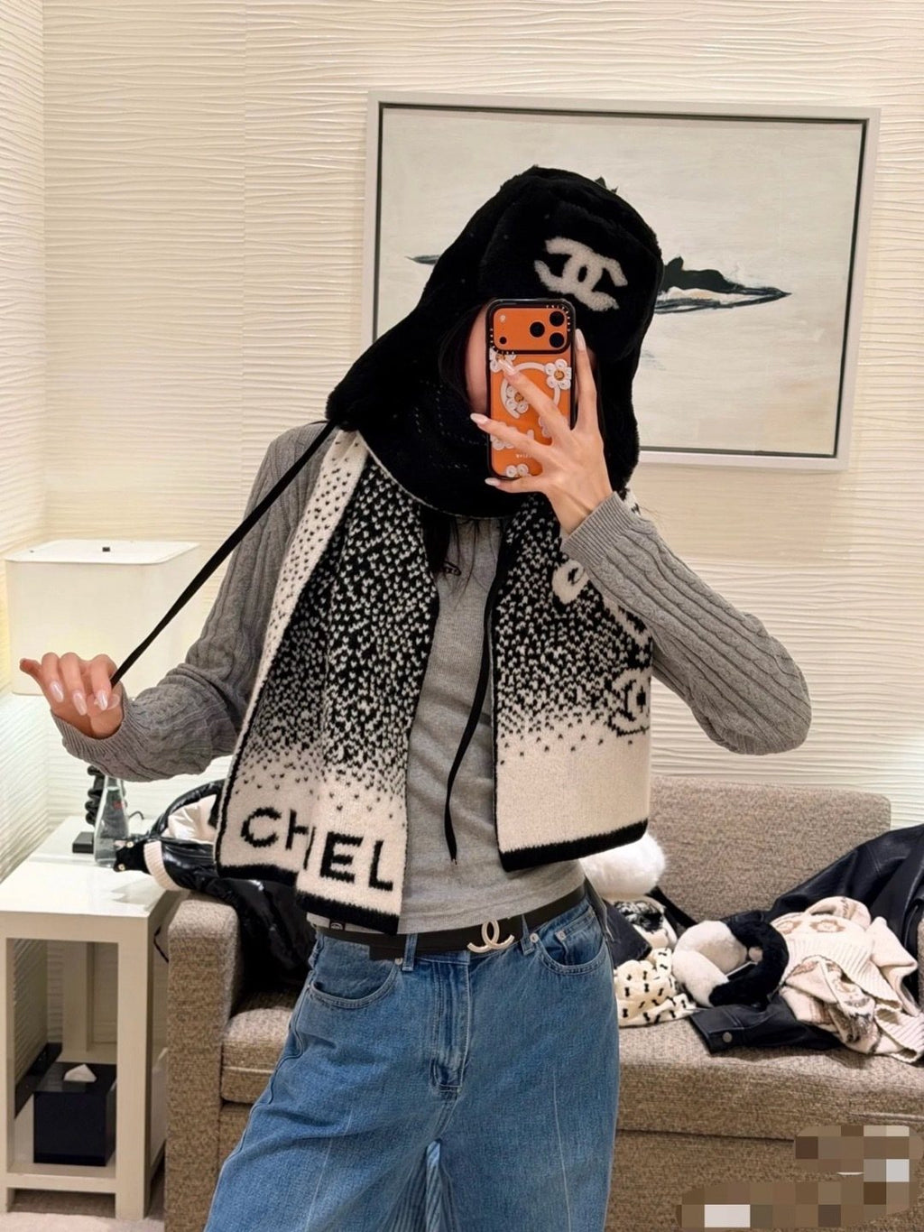 Chanel Black & Cream Logo Knit Scarf product image 3, provided for visual reference and product detail review