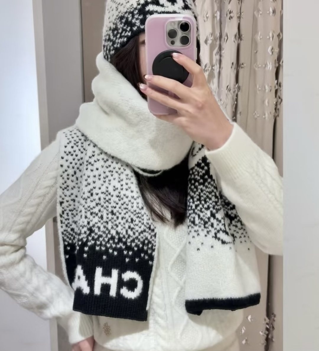 Chanel Black & Cream Logo Knit Scarf product image 4, provided for visual reference and product detail review