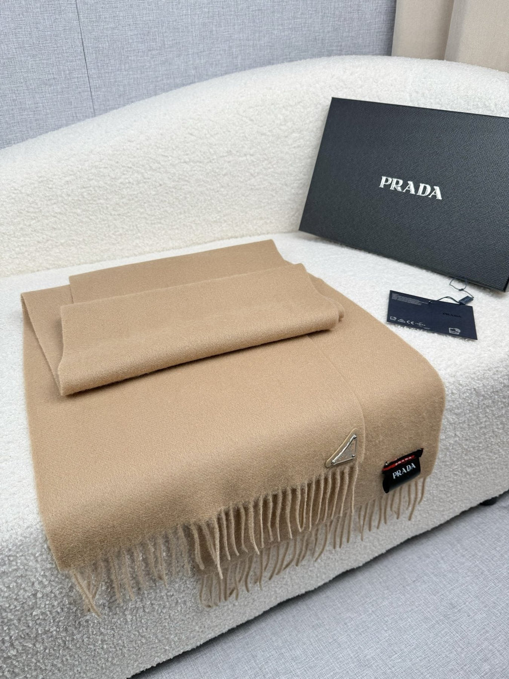 Prada Fringed Triangle Plaque Scarf product image 7, provided for visual reference and product detail review