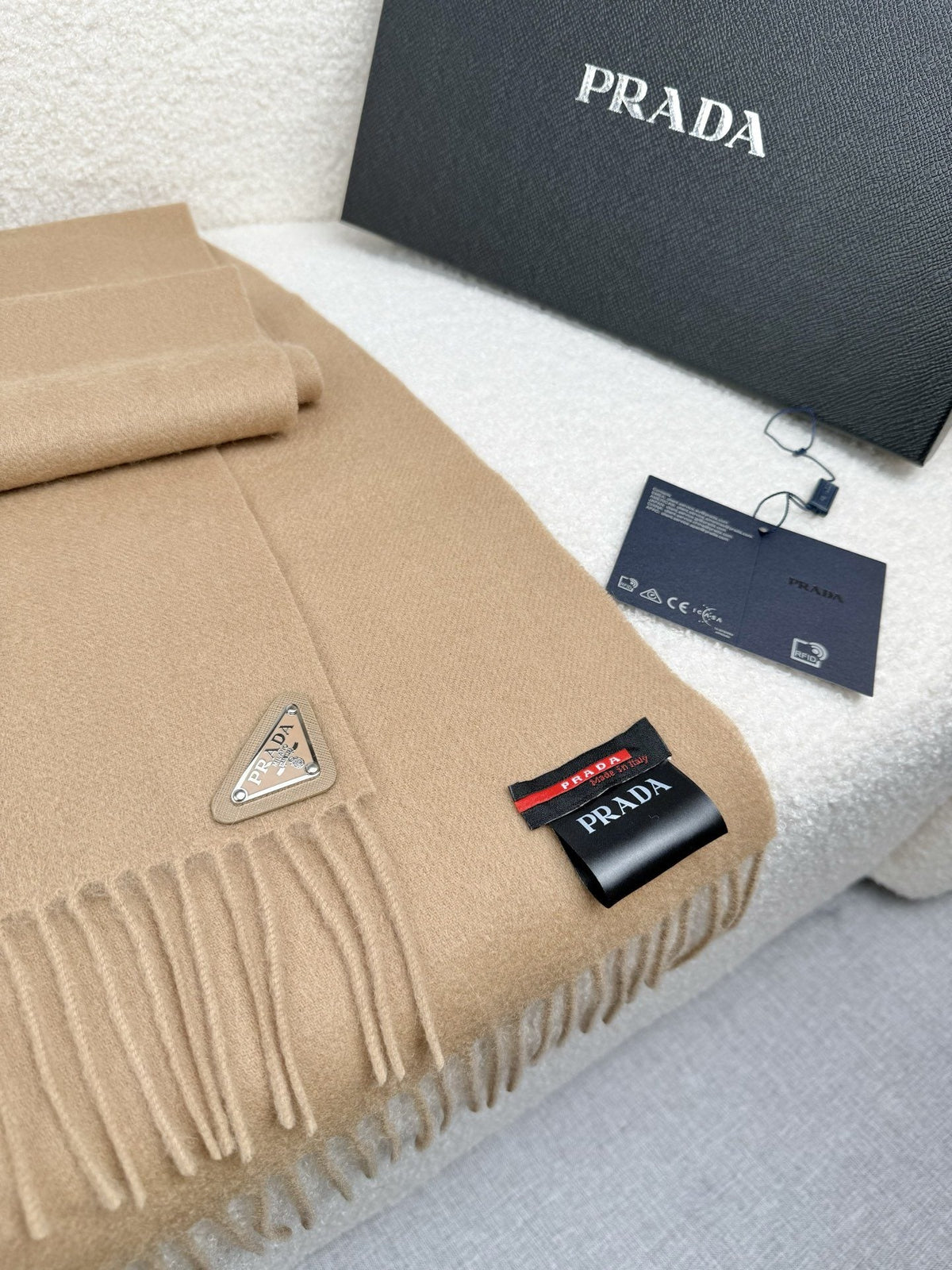 Prada Fringed Triangle Plaque Scarf product image 1, provided for visual reference and product detail review
