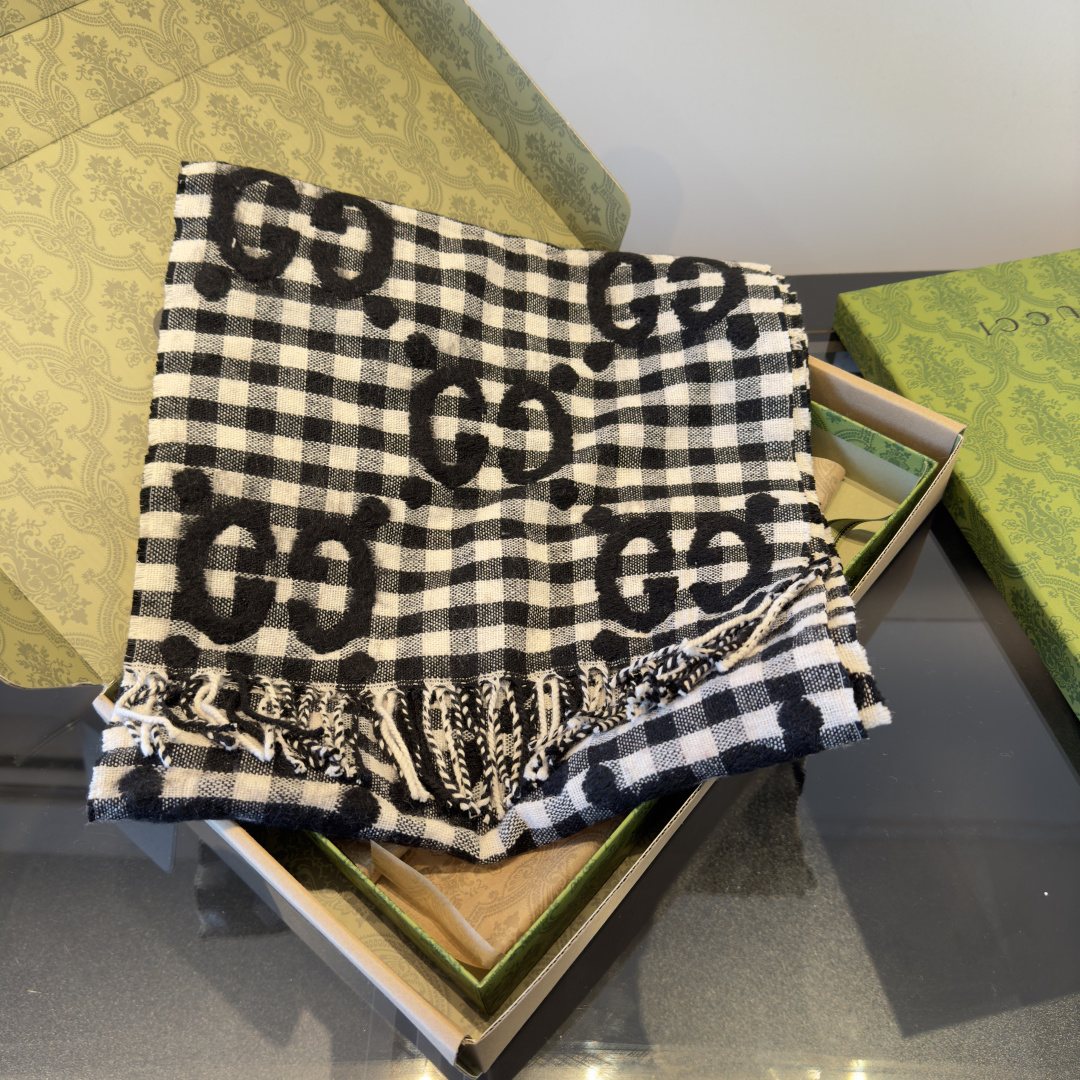 Gucci Black and White Check Fringe Scarf product image 4, provided for visual reference and product detail review
