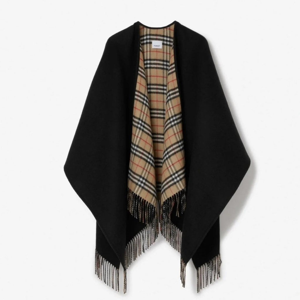 Reversible Plaid Fringed Wrap Cape product image 1, provided for visual reference and product detail review