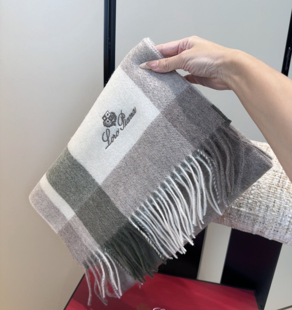 Loro Piana Color-Block Plaid Fringed Scarf product image 1, provided for visual reference and product detail review