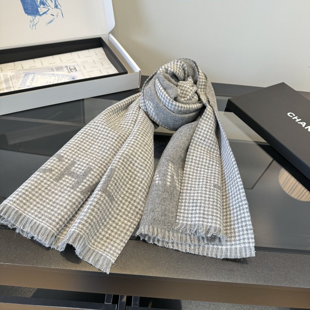 Chanel Houndstooth Fringed Scarf product image 2, provided for visual reference and product detail review