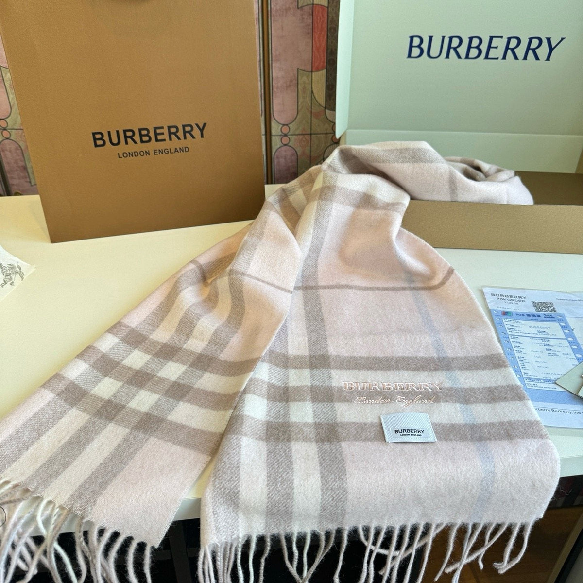 Burberry Blush Pink Plaid Fringed Scarf product image 8, provided for visual reference and product detail review