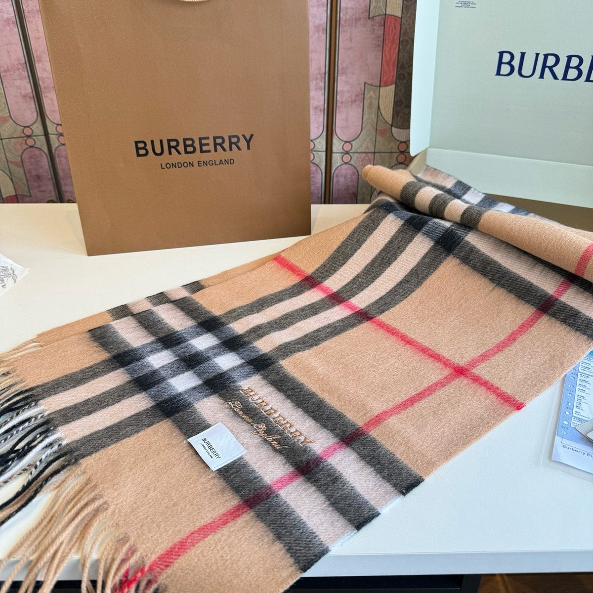 Burberry Blush Pink Plaid Fringed Scarf product image 3, provided for visual reference and product detail review