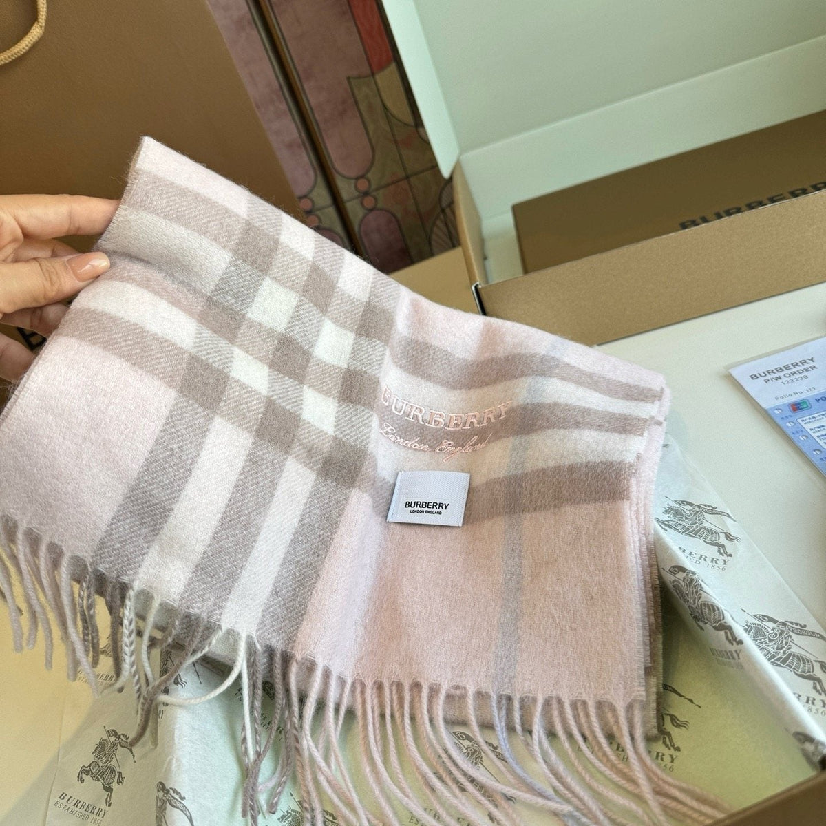 Burberry Blush Pink Plaid Fringed Scarf product image 2, provided for visual reference and product detail review