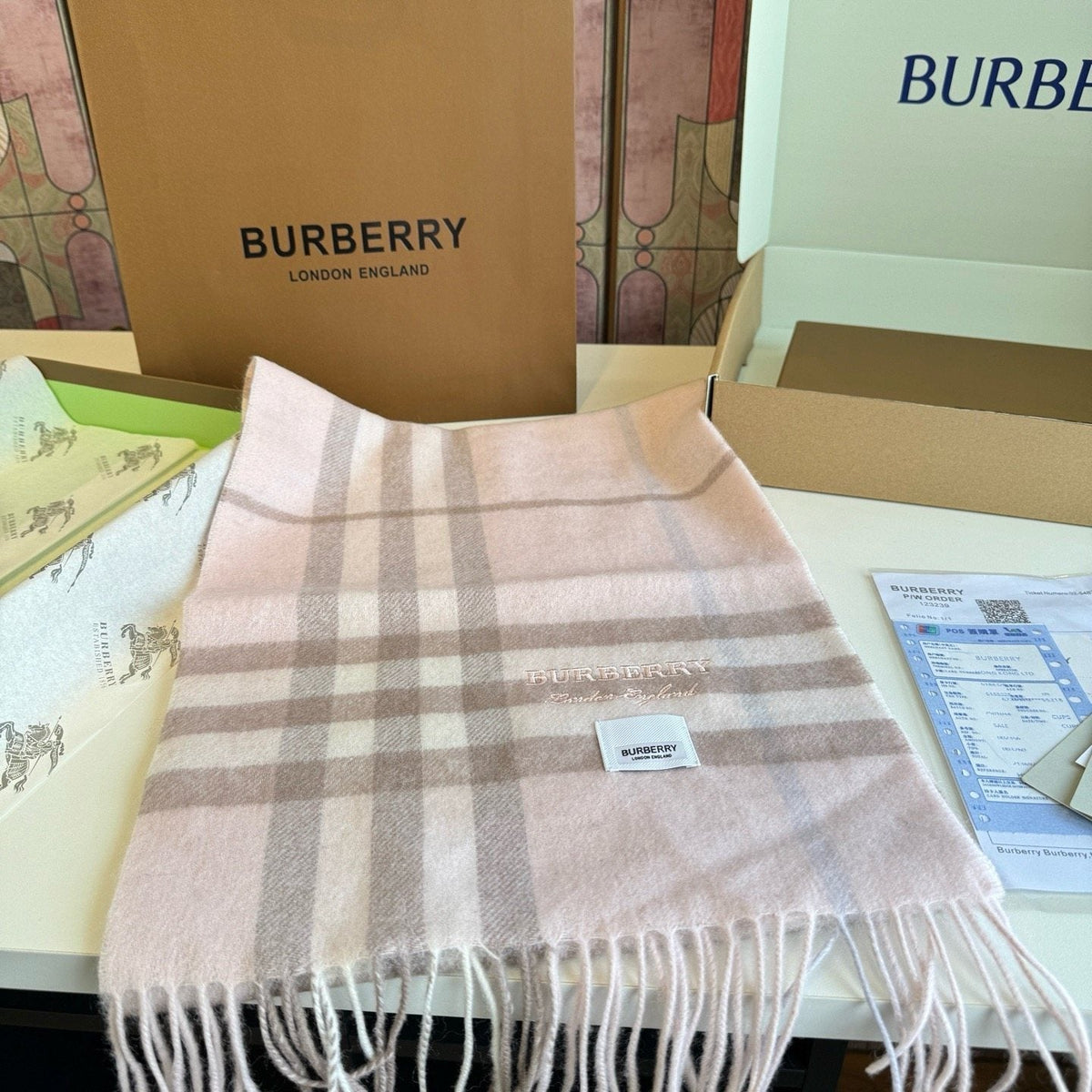 Burberry Blush Pink Plaid Fringed Scarf product image 5, provided for visual reference and product detail review