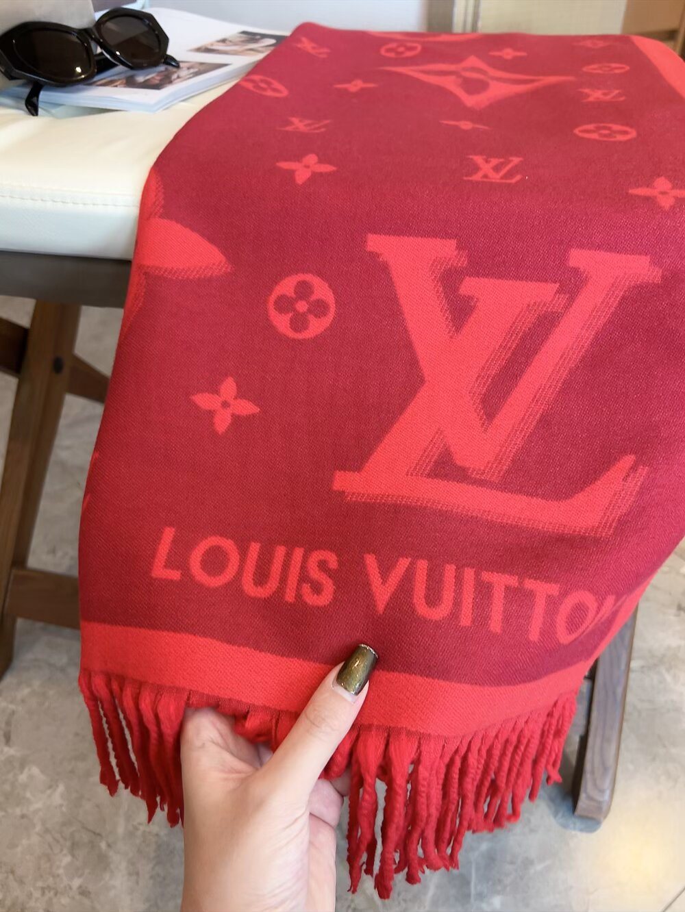 Louis Vuitton Contrast-Letter Monogram Fringed Scarf product image 11, provided for visual reference and product detail