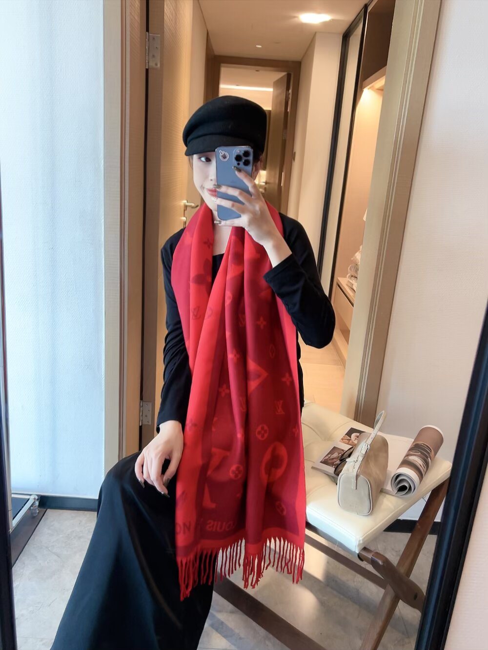 Louis Vuitton Contrast-Letter Monogram Fringed Scarf product image 5, provided for visual reference and product detail review