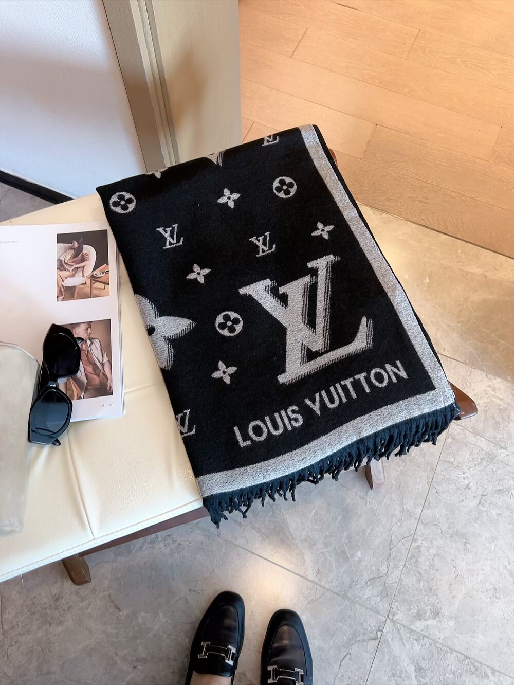 Louis Vuitton Contrast-Letter Monogram Fringed Scarf product image 1, provided for visual reference and product detail review