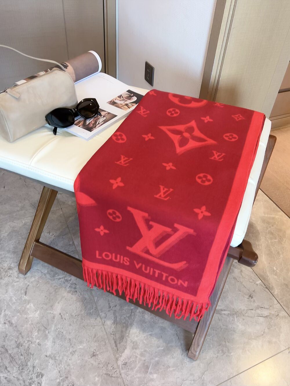 Louis Vuitton Contrast-Letter Monogram Fringed Scarf product image 8, provided for visual reference and product detail review