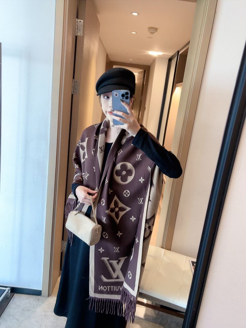 Louis Vuitton Contrast-Letter Monogram Fringed Scarf product image 2, provided for visual reference and product detail review