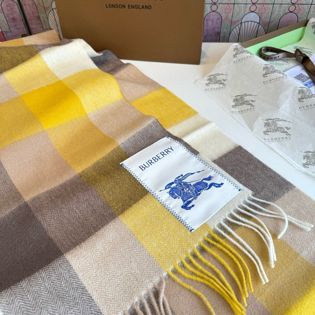 Burberry Yellow Brown Plaid Scarf product image 8, provided for visual reference and product detail review
