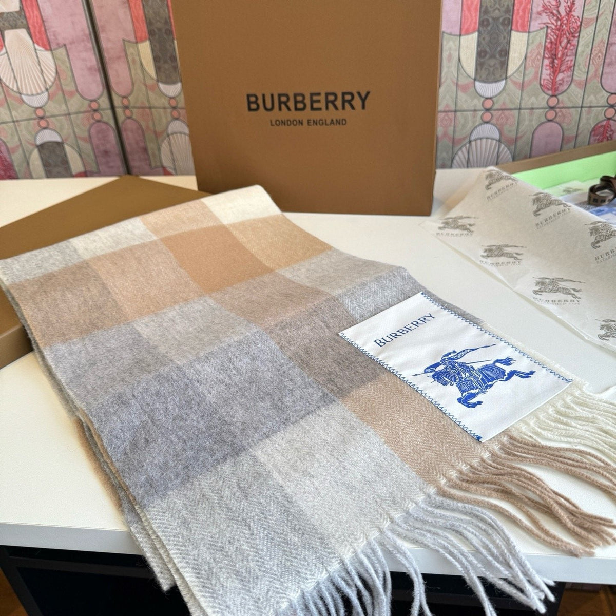 Burberry Woven Plaid Fringe Scarf - 30 x 180 cm product image 3, provided for visual reference and product detail review