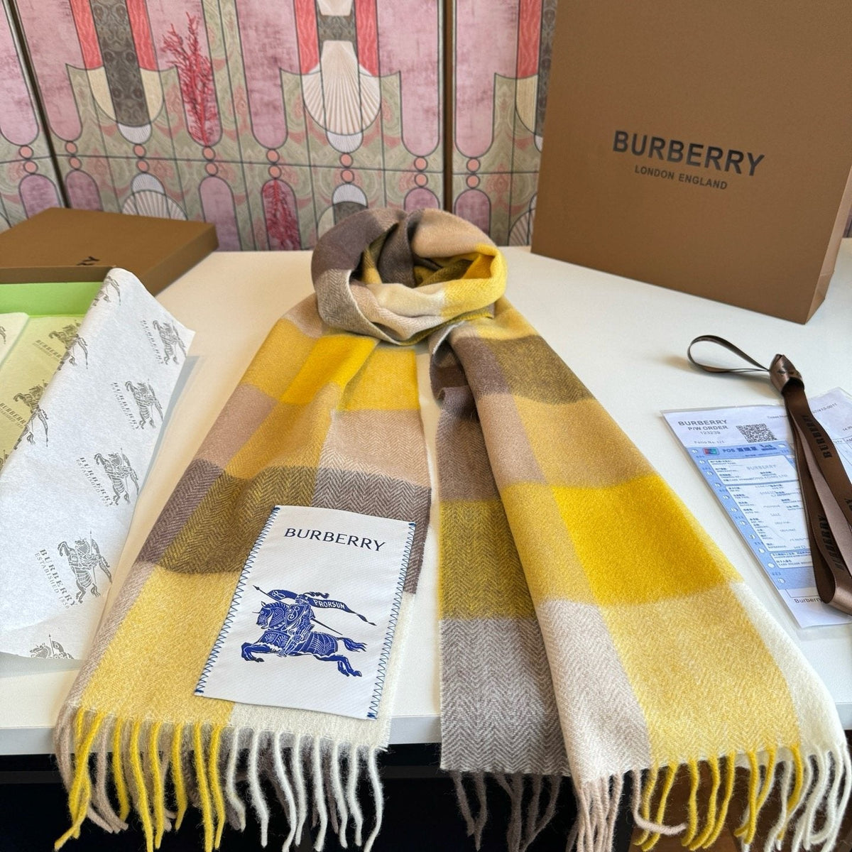 Burberry Yellow Brown Plaid Scarf product image 9, provided for visual reference and product detail review