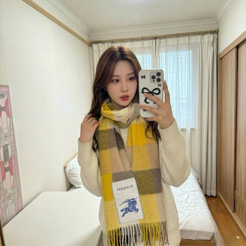 Burberry Yellow Brown Plaid Scarf product image 3, provided for visual reference and product detail review
