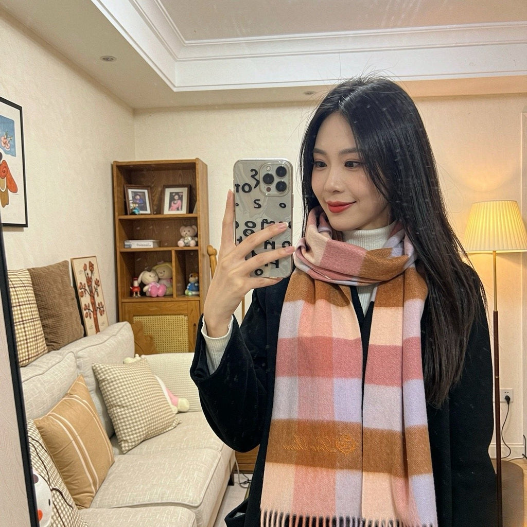Loro Piana Pink Tan Lavender Plaid Scarf product image 3, provided for visual reference and product detail review