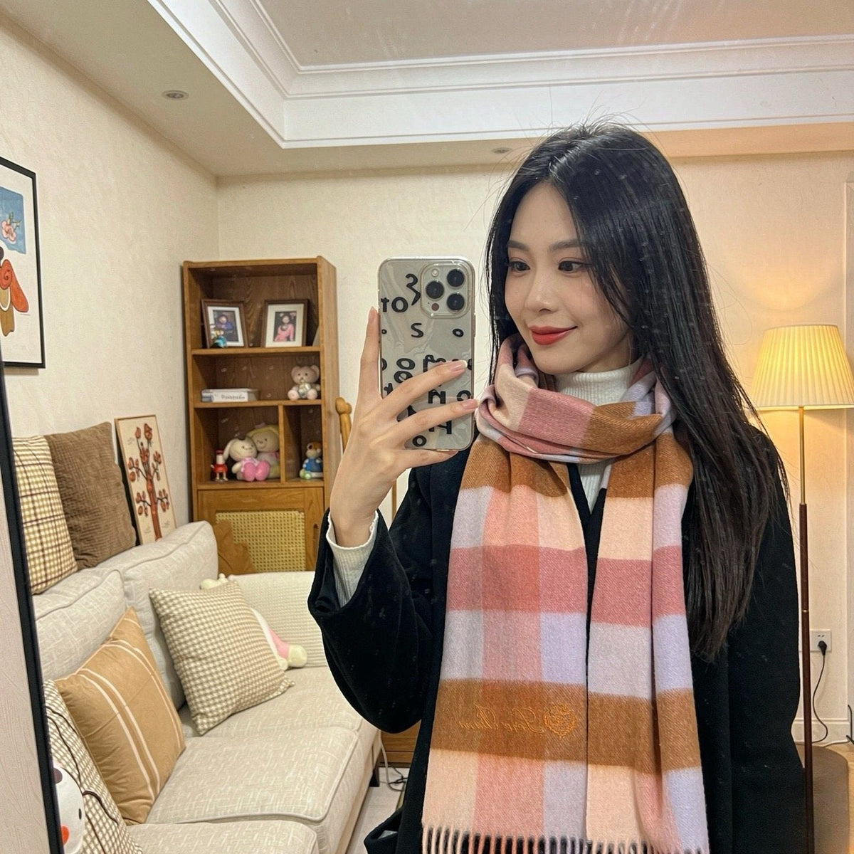 Loro Piana Pink Tan Lavender Plaid Scarf product image 3, provided for visual reference and product detail review