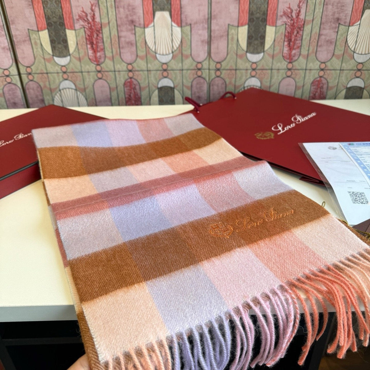 Loro Piana Pink Tan Lavender Plaid Scarf product image 1, provided for visual reference and product detail review