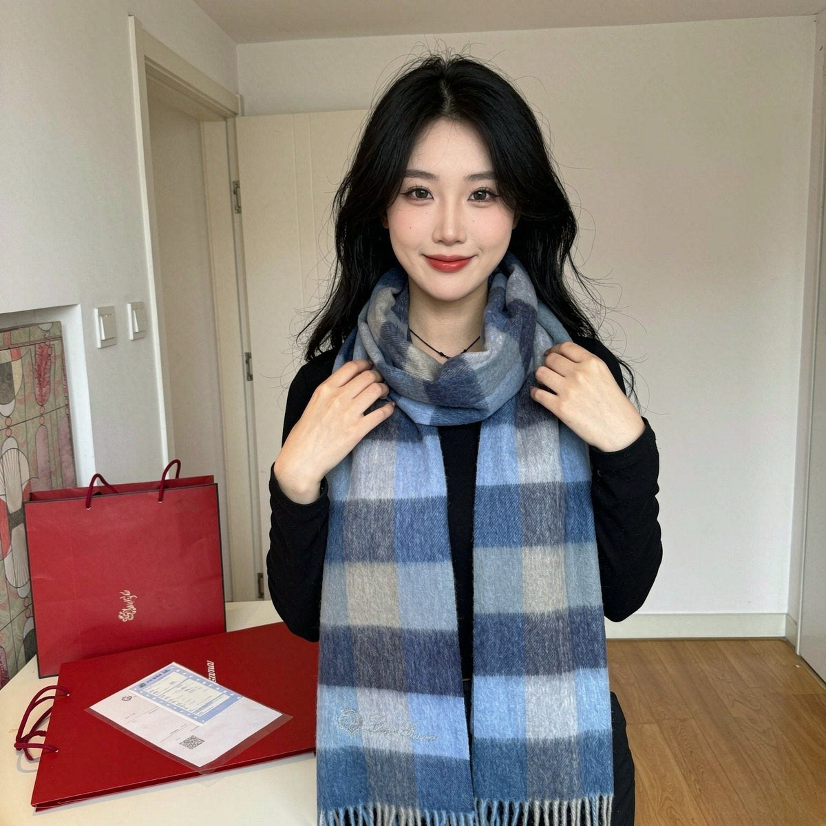 Loro Piana Pink Tan Lavender Plaid Scarf product image 4, provided for visual reference and product detail review