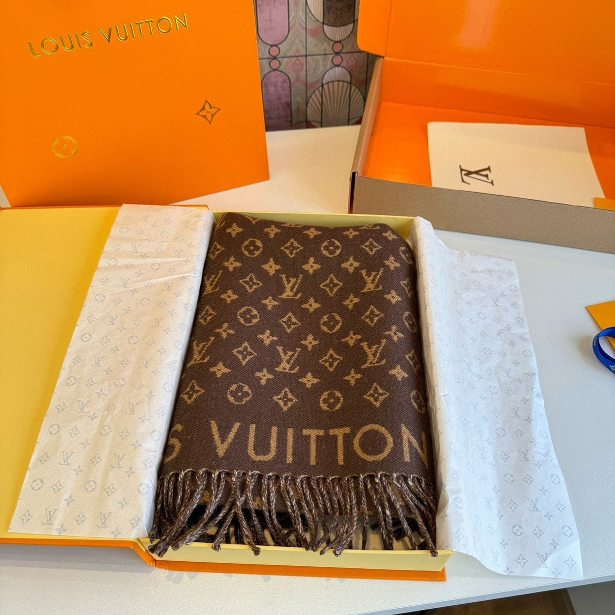Louis Vuitton Brown Monogram Fringe Scarf product image 7, provided for visual reference and product detail review