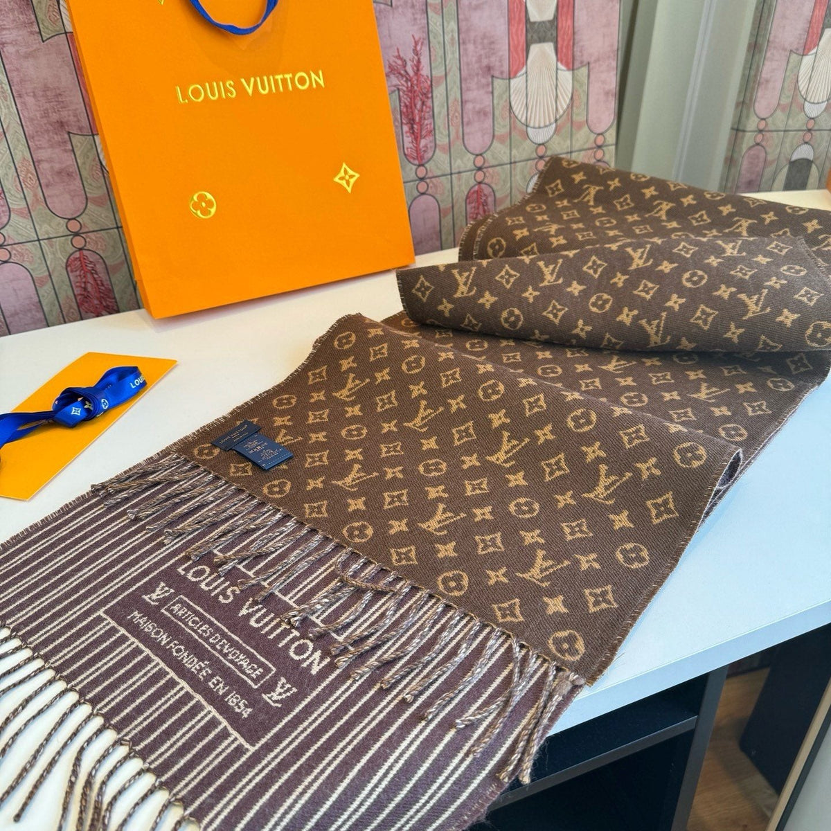 Louis Vuitton Brown Monogram Fringe Scarf product image 2, provided for visual reference and product detail review