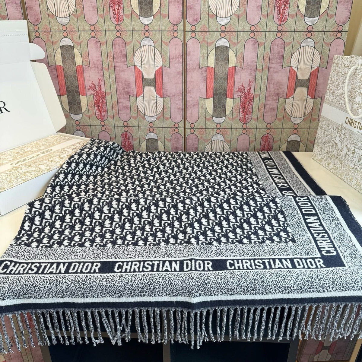 Dior Graphic Fringe Square Scarf product image 3, provided for visual reference and product detail review