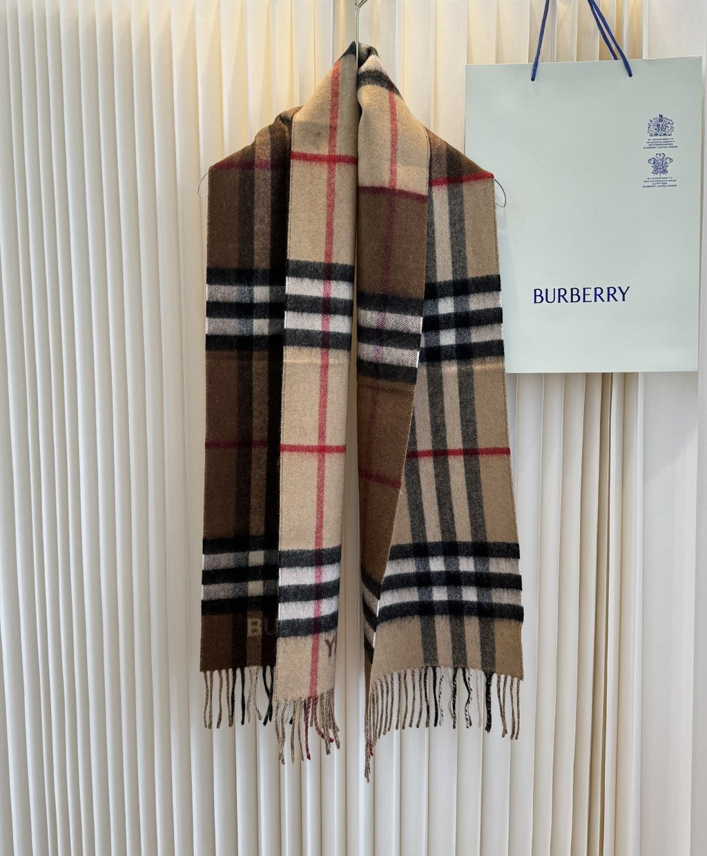 Burberry Lettered Plaid Fringed Scarf product image 5, provided for visual reference and product detail review