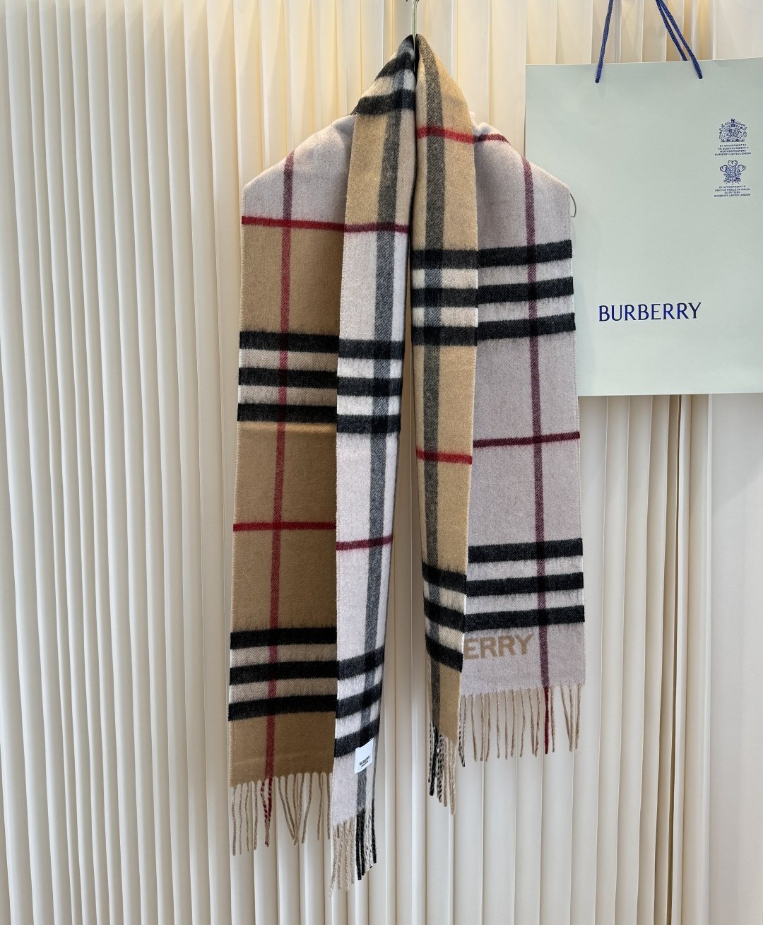 Burberry Lettered Plaid Fringed Scarf product image 3, provided for visual reference and product detail review