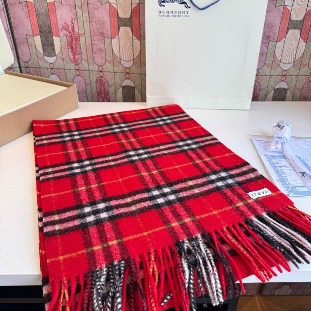 Burberry Red Plaid Fringed Scarf product image 1, provided for visual reference and product detail review