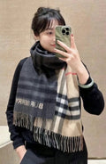 Burberry Charcoal Gray and Beige Plaid Scarf product image 1, provided for visual reference and product detail review