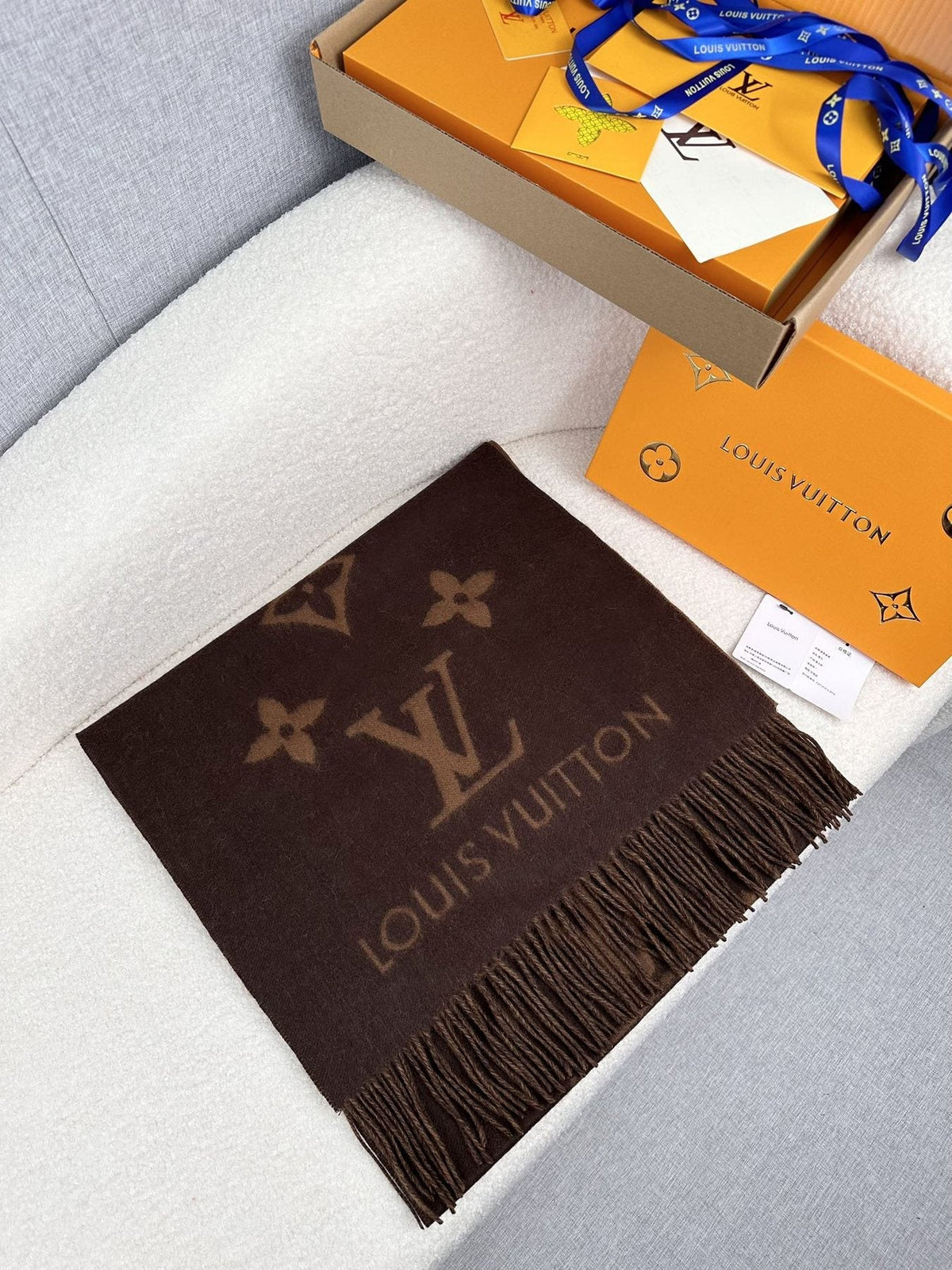 Louis Vuitton Oversized Wordmark Reversible Fringe Scarf product image 6, provided for visual reference and product detail
