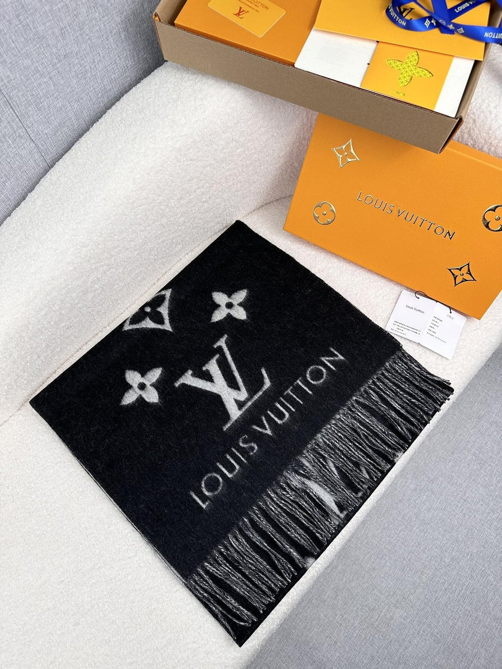Louis Vuitton Oversized Wordmark Reversible Fringe Scarf product image 9, provided for visual reference and product detail