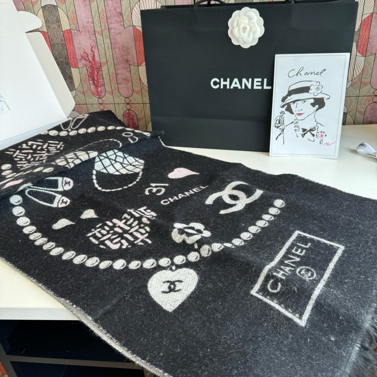 Chanel Pearl Motif Fringe Scarf product image 5, provided for visual reference and product detail review